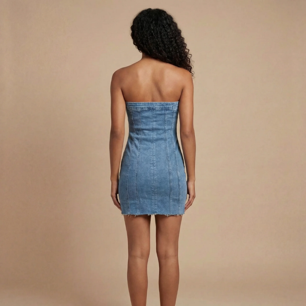 Women light blue denim strapless mini dress back view showing seamless construction