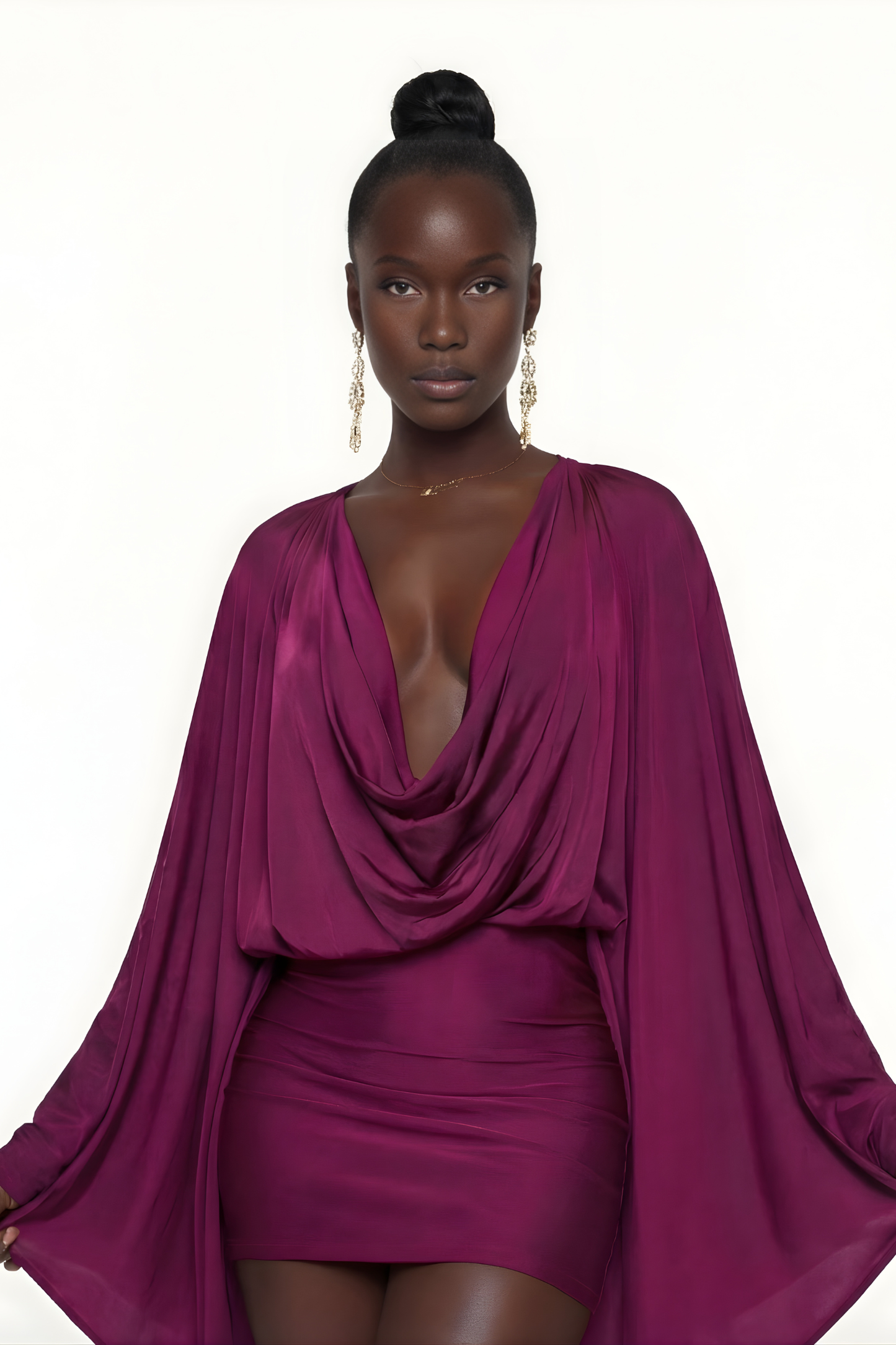 Women purple cowl neck mini dress close-up front detail showing draped neckline construction