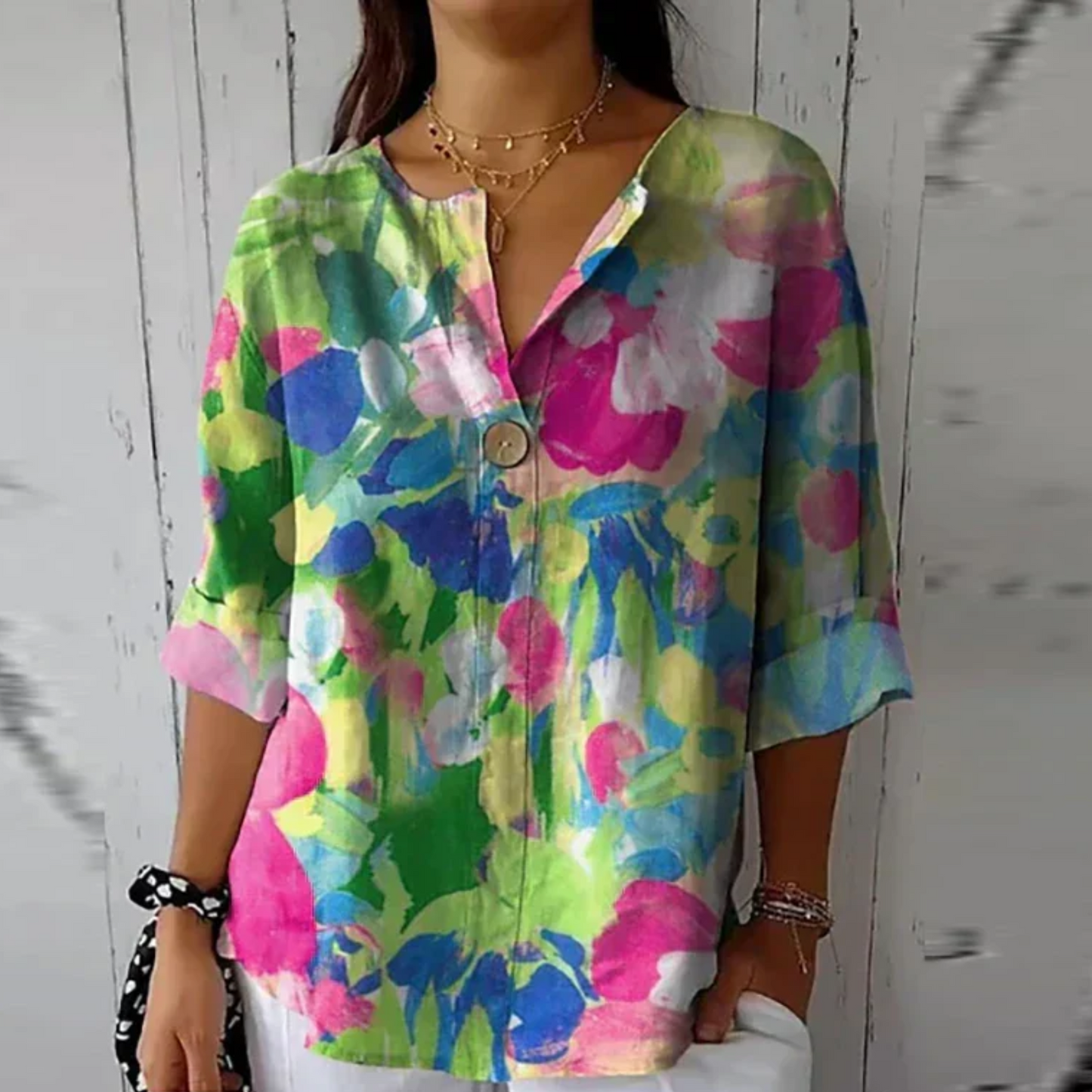 Women's Floral V Neck 3/4 Sleeve Blouse Top