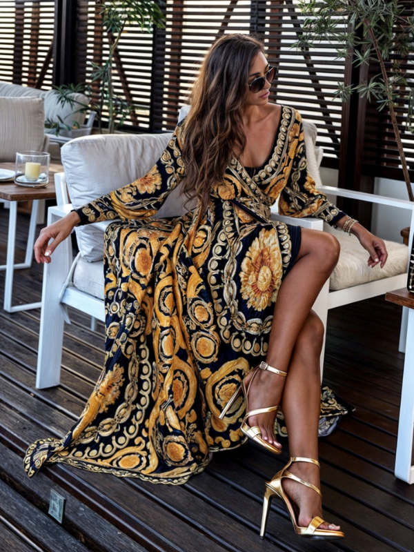 Women wrap V-neck printed maxi dress with flowing skirt and high side leg opening
