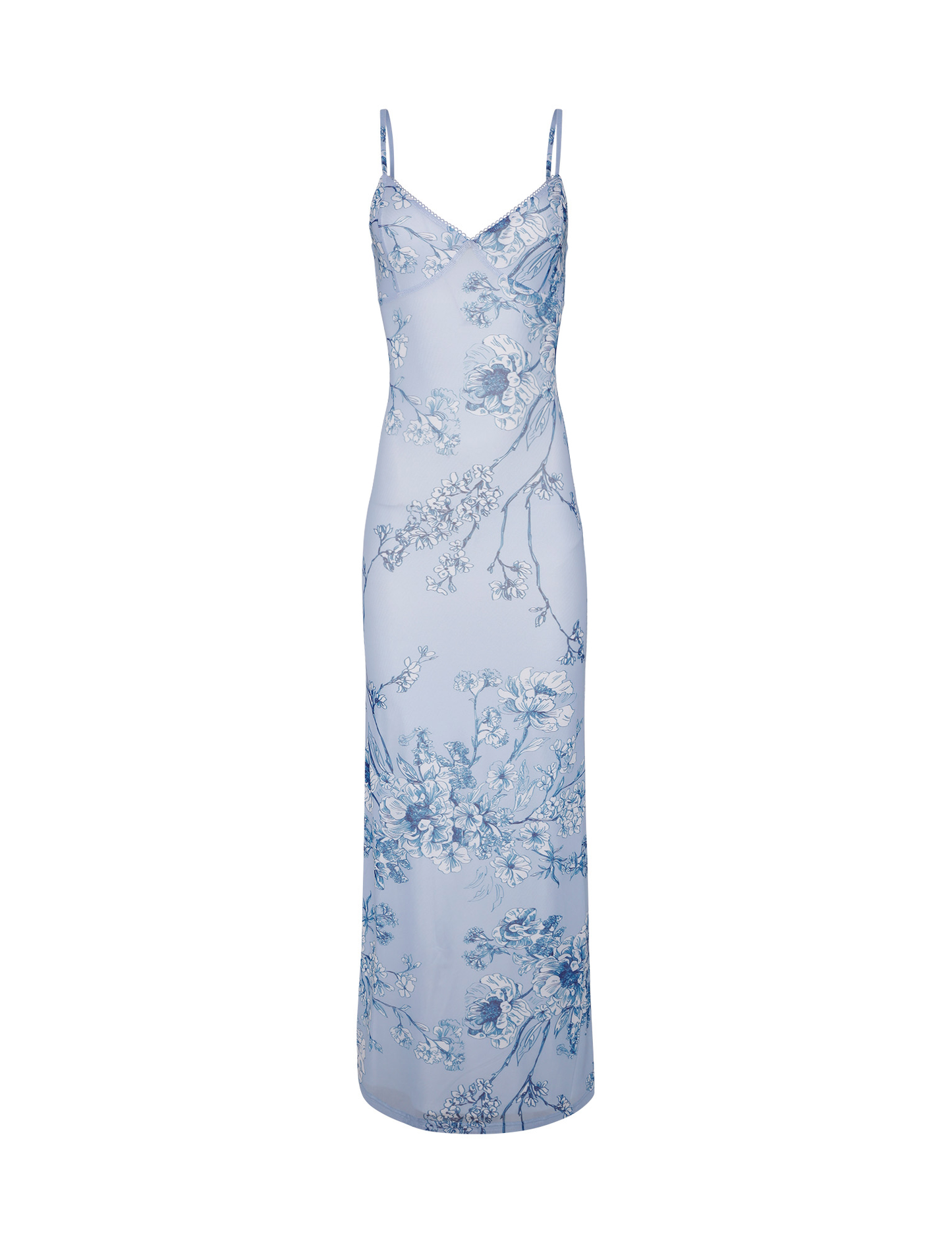 The TIGERMIST JULIANNA DRESS in Blue features a ceramic floral print, thin straps, sleeveless design, fitted silhouette, and maxi length.