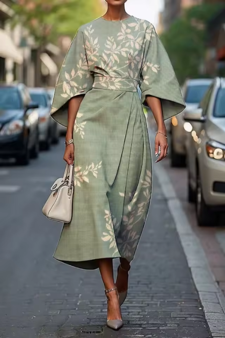 Women sage green midi dress with botanical leaf print, kimono sleeves and sash waist