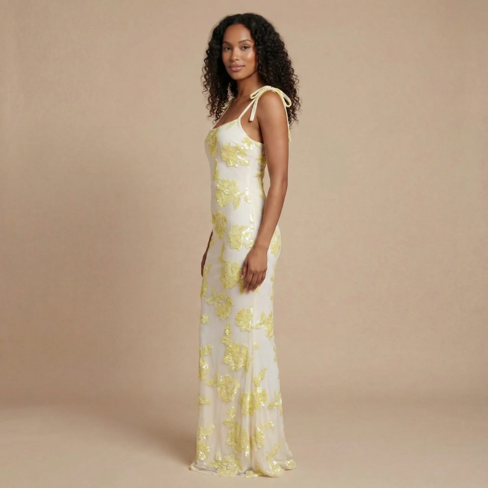 Women cream yellow floral maxi dress with tie shoulder straps and square neckline