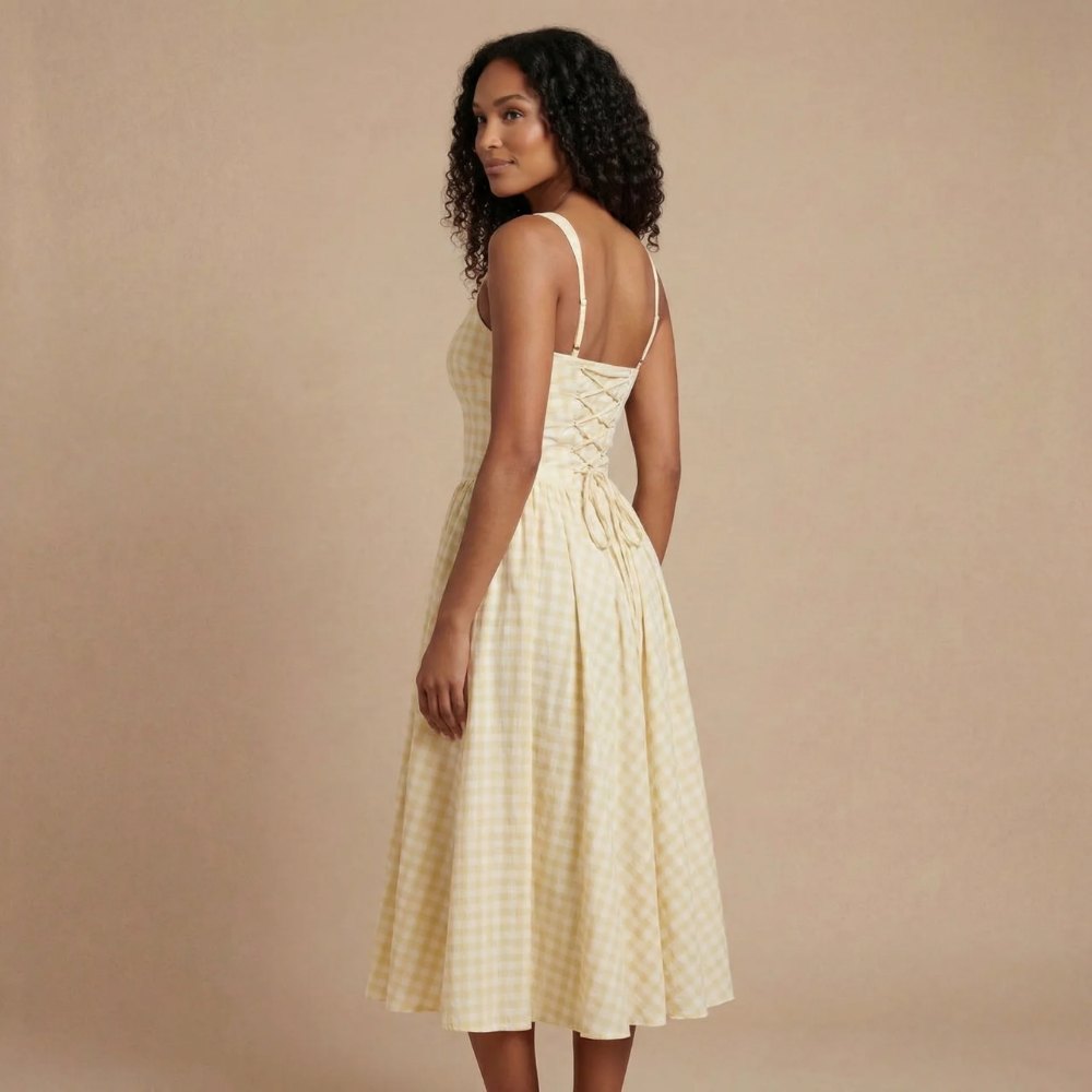Women cream gingham midi dress back showing lace-up corset construction and A-line skirt