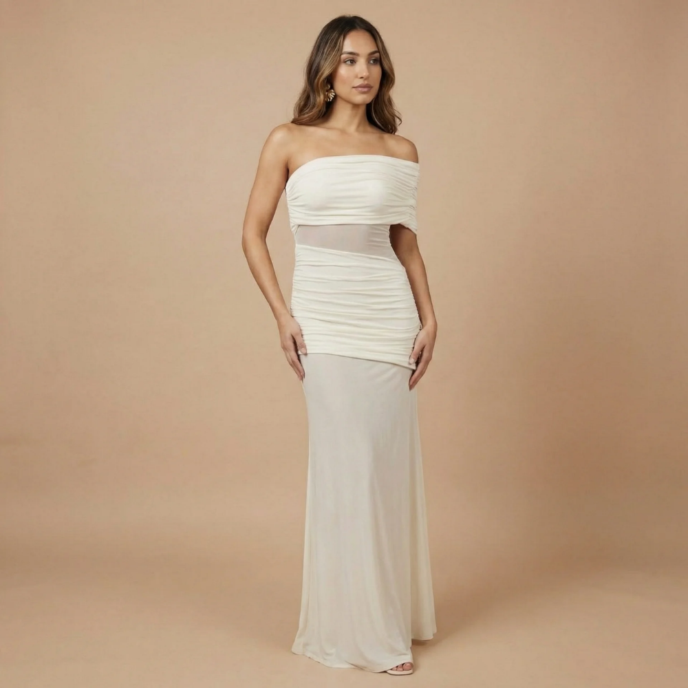 Women cream off-shoulder ruched maxi dress with sheer mesh cutout, front view