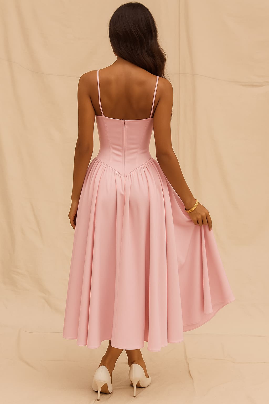 Women pink midi corset dress back view showing center zipper closure and A-line silhouette