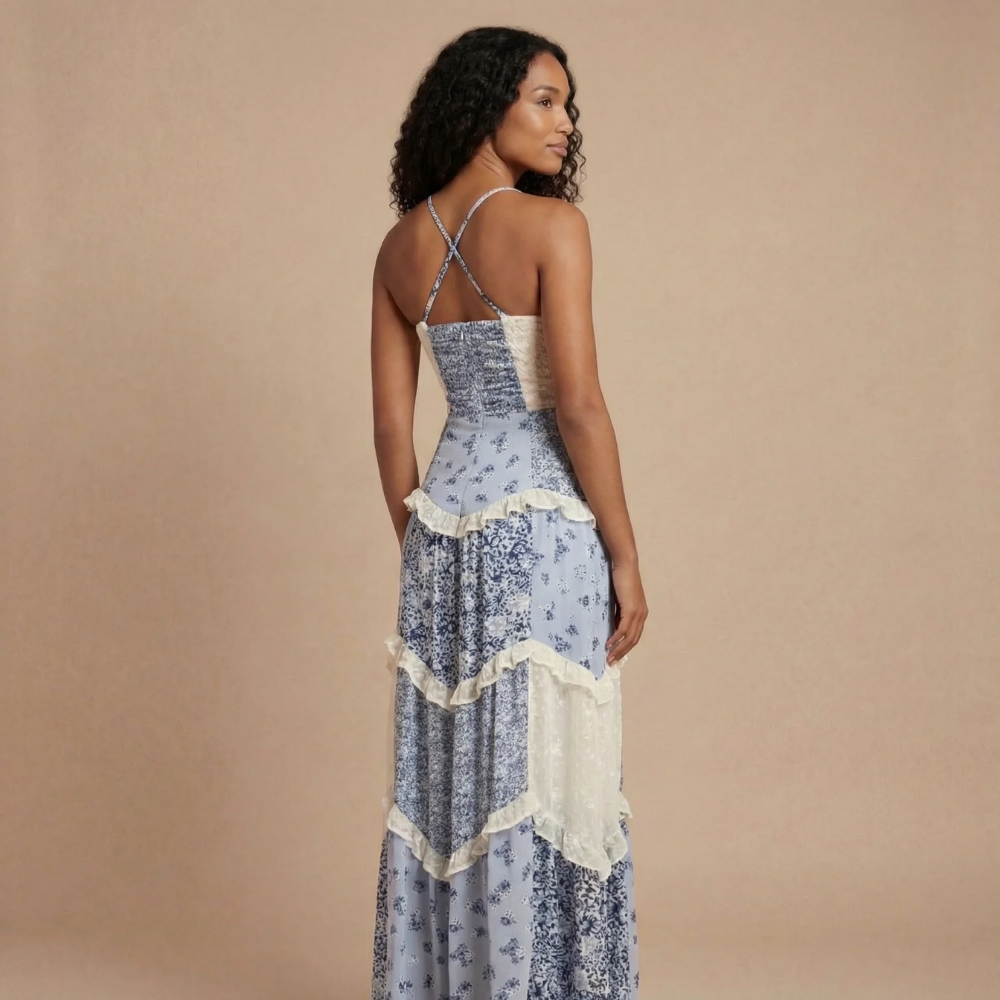 Women blue floral maxi dress with cross-back straps and tiered hem detail, back view