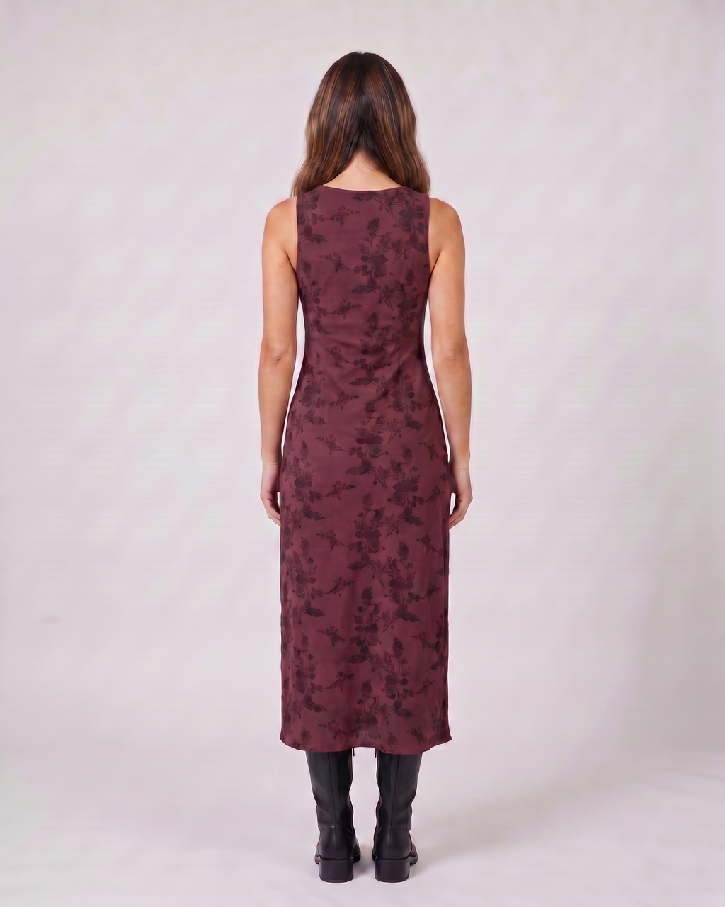 Back view of maroon floral v neck midi dress showing solid back with rounded neckline