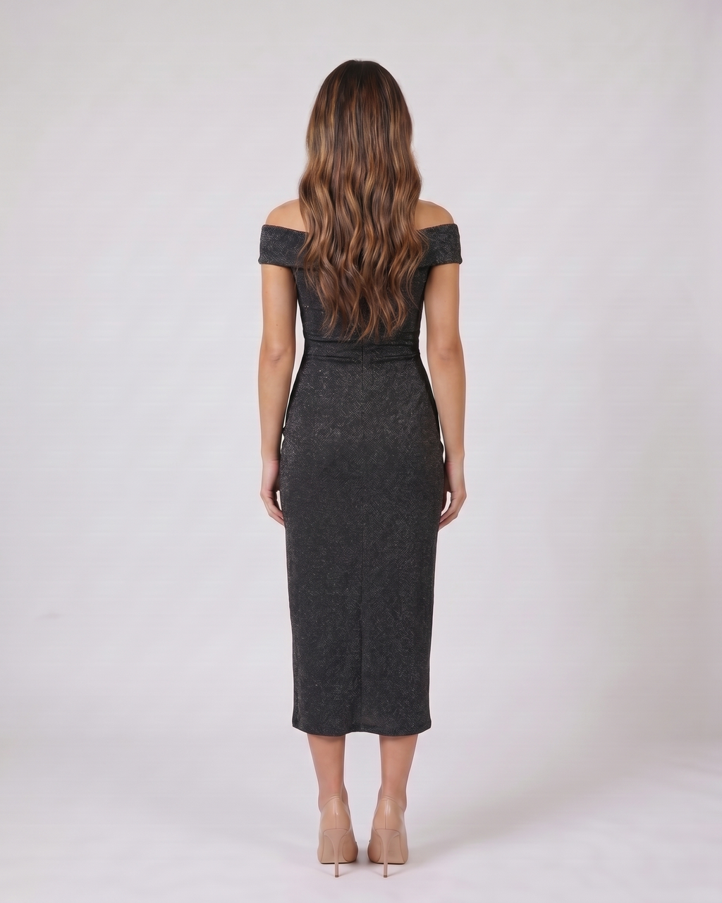 Back view of black off shoulder wrap with slit midi dress showing solid back