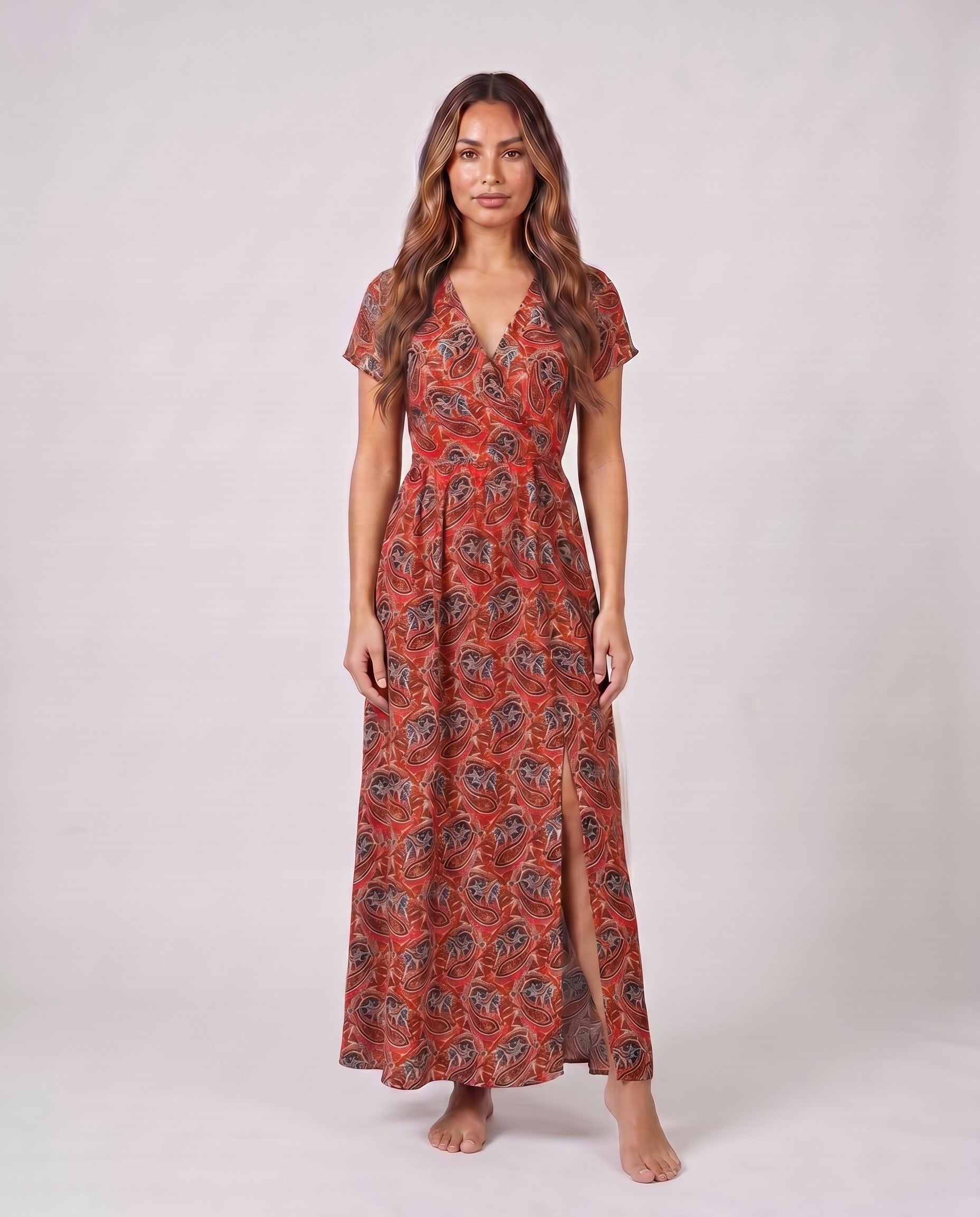 Women Paisley V Neck Short Sleeve Maxi Dress