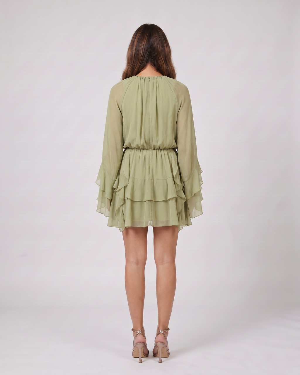 Back view of olive summer long sleeve ruffle mini dress showing solid back