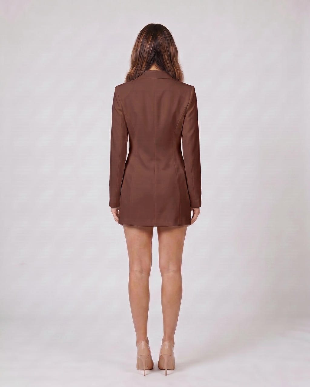 Back view of brown mahogany women's cocktail v neck blazer mini dress long sleeve showing solid back