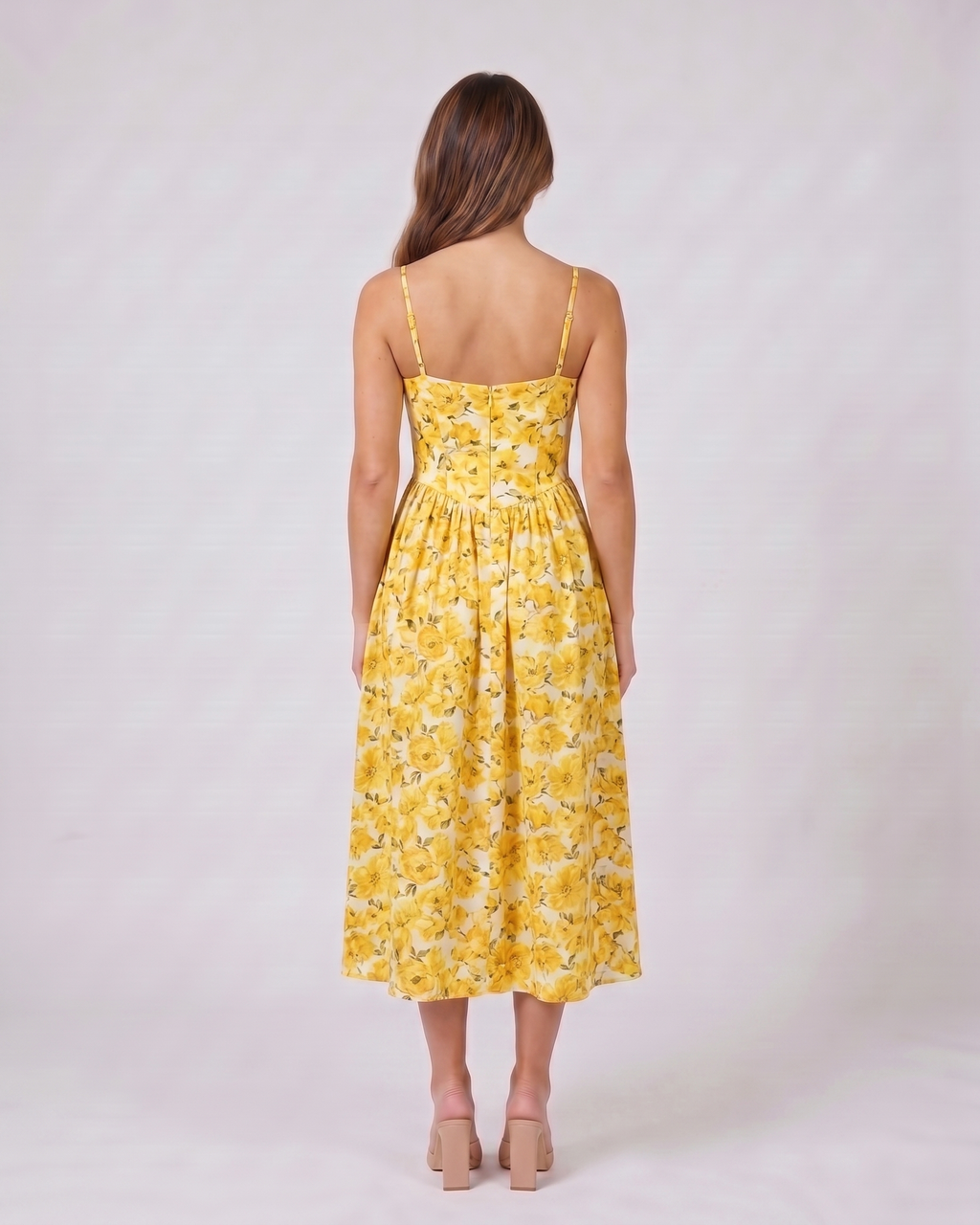 Back view of yellow flowers women's wedding guest deep v neck midi a line dress showing solid back with center back zipper closure