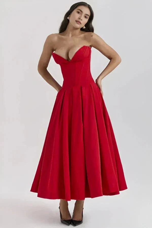 Women's Wedding Guest Strapless Sweetheart Midi Dress
