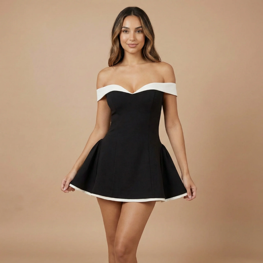 Women black off-shoulder sweetheart mini dress with white trim and flared skirt