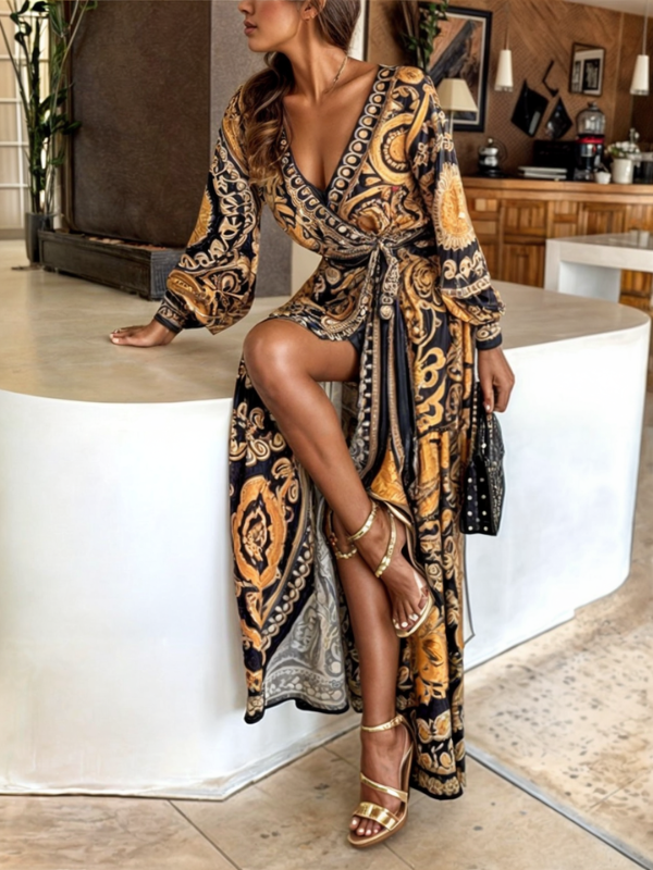 Women's gold and black printed wrap V-neck maxi dress with long sleeves and high side slit