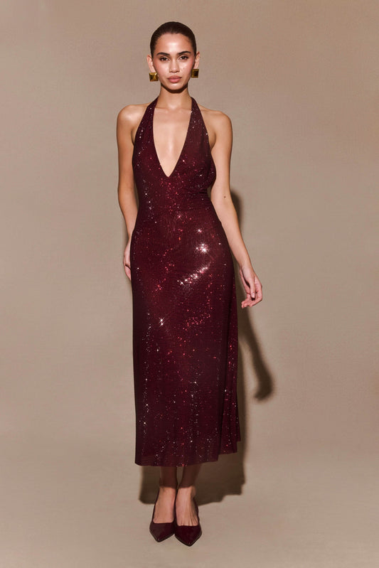 Women burgundy sequin halter midi dress with plunging V-neckline, front view