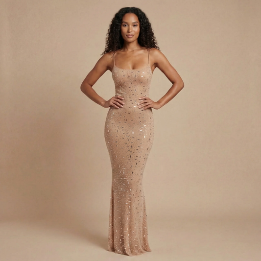 Women champagne sequin maxi dress with square neckline and spaghetti straps, front view