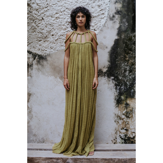 Women olive maxi dress with cage neckline and braided shoulder straps, column silhouette