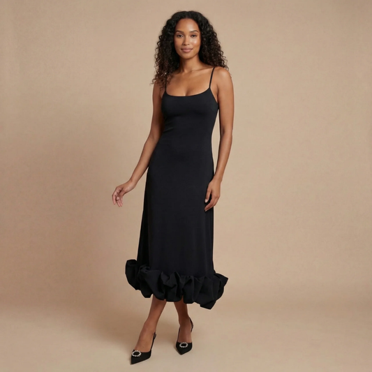 Women black midi dress with scoop neck and ruffled hem detail