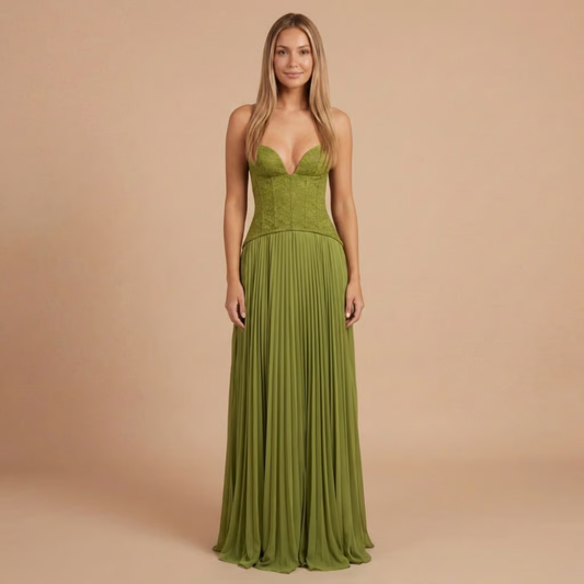 Women olive green maxi dress with sweetheart neckline and pleated skirt front view