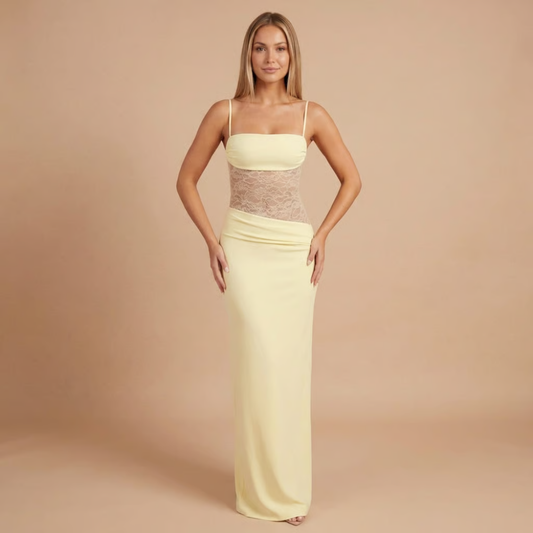 Women cream maxi dress with square neckline, spaghetti straps, and lace waist panel