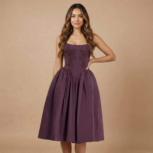 Women's purple midi dress with embroidered lace bodice and square neckline