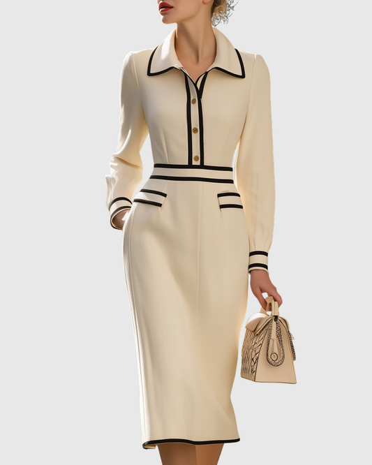 Women cream midi dress with collared neckline, button-front closure, and black contrast trim