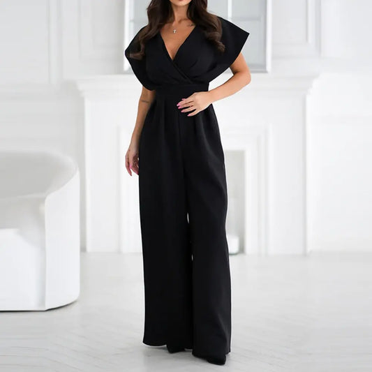 Women black V-neck jumpsuit with flutter sleeves and wide-leg design, front view full length