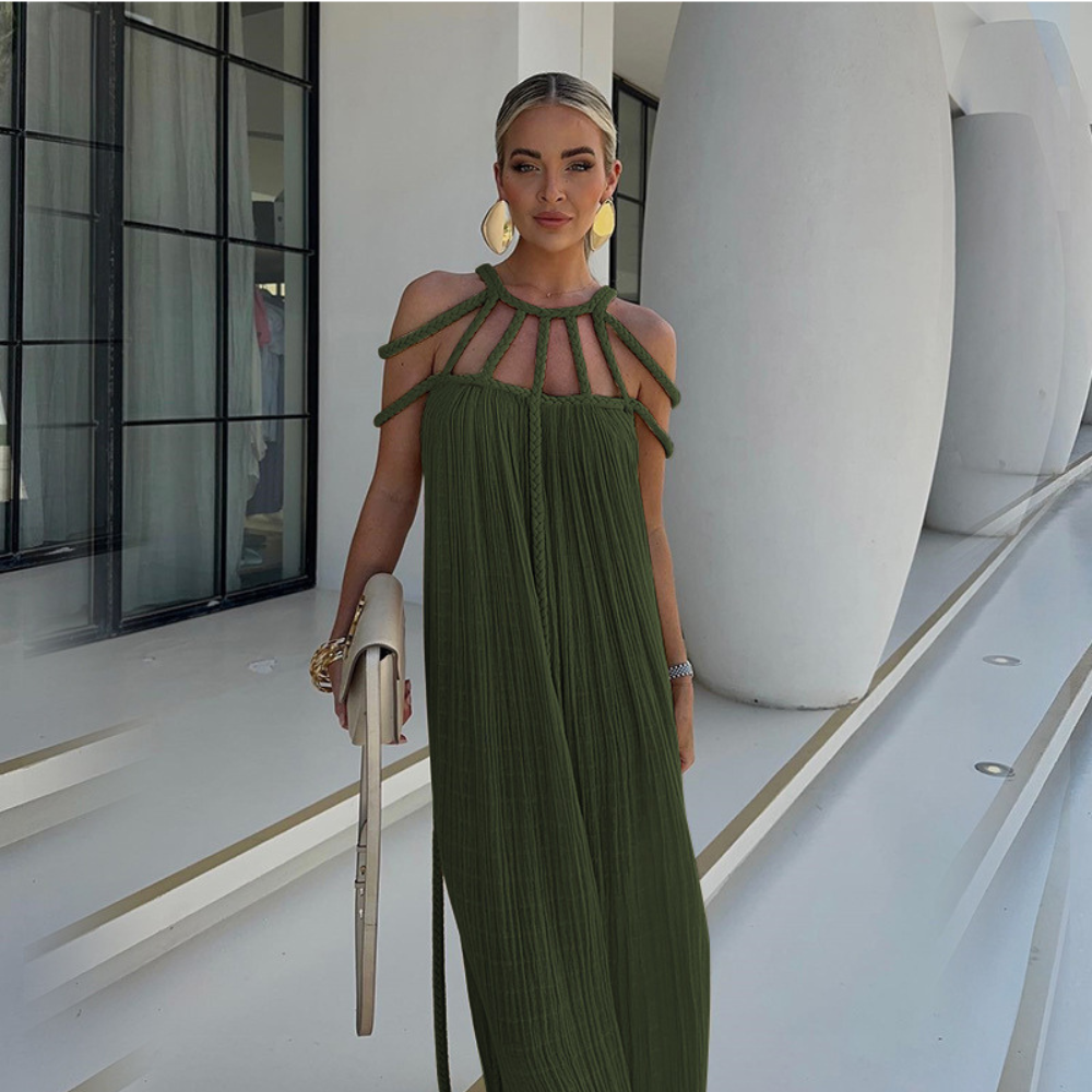 Women sage green maxi dress with braided straps cage neckline and adjustable waist ties
