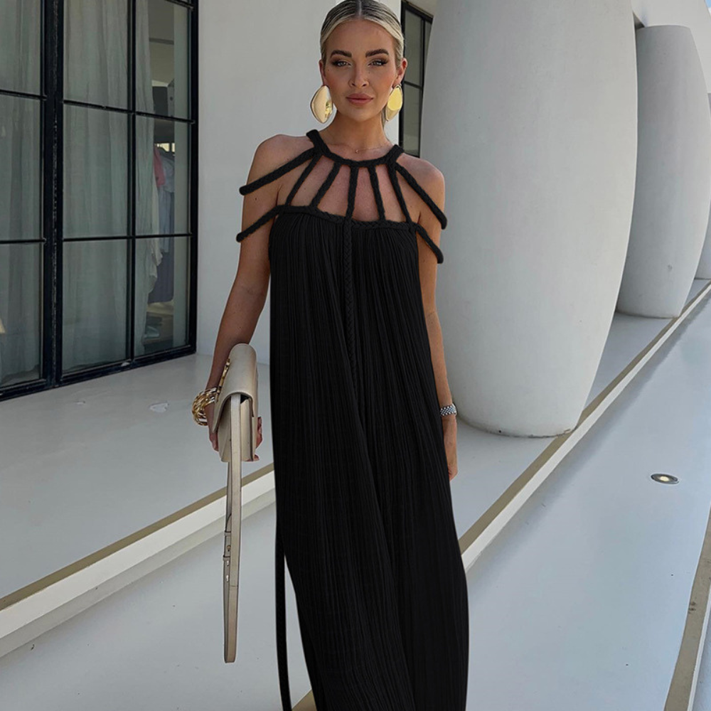 Women black maxi dress with braided cold-shoulder cage neckline and pleated fabric