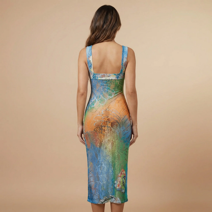 Back view of women's printed midi bodycon dress with square neckline straps