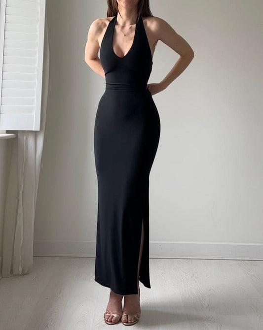 Women black halter bodycon maxi dress with side slit, front view