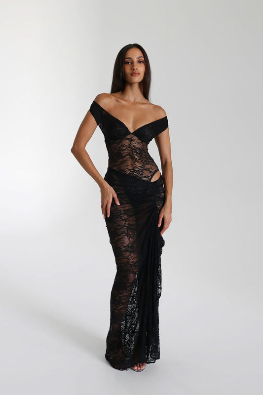 Women black off-shoulder lace maxi dress with ruched drape skirt front view