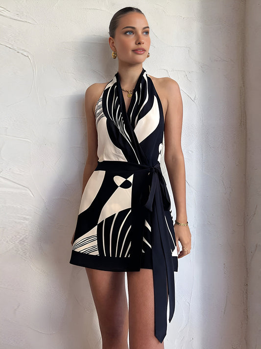 Women black and ivory abstract halter mini wrap dress with self-tie waist sash