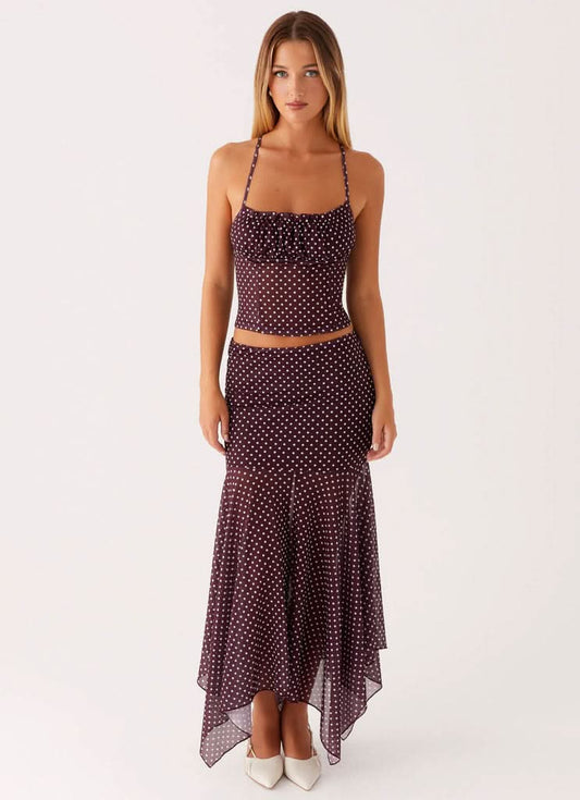 Women burgundy polka dot midi two-piece set with square-neck cami top and handkerchief-hem skirt