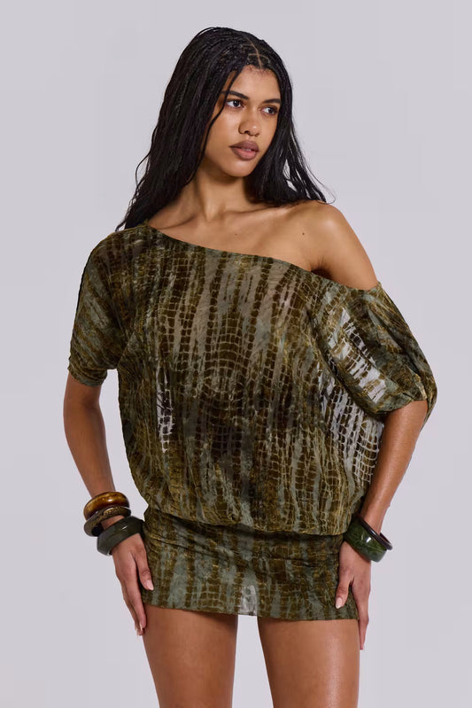 Women olive devoré velvet mini dress with off-shoulder neckline and short sleeves