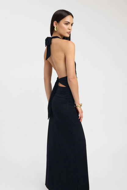 Women black maxi dress with bare back and tie fastening cutout detail rear view