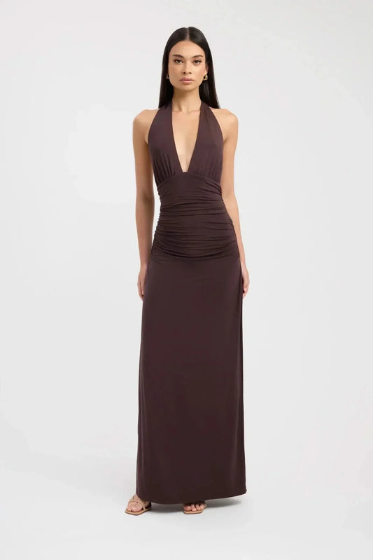 Women brown halter maxi dress with plunge V neckline and ruched waist front view