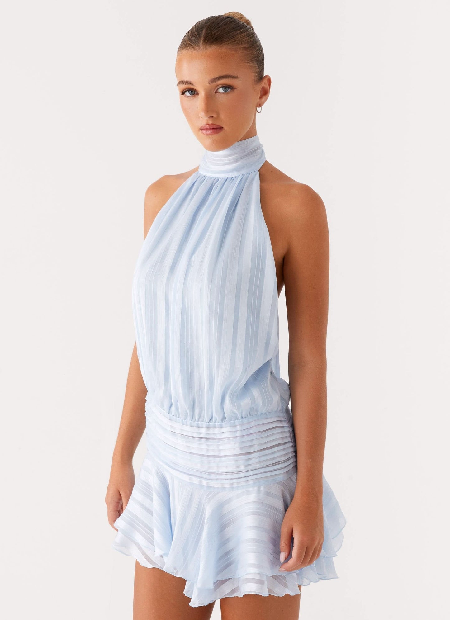 Women light blue halter mini dress with pleated bodice and tiered ruffle skirt