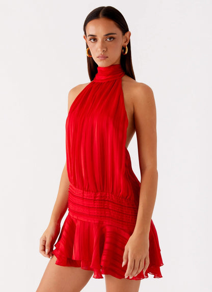 Women red pleated halter mini dress with ruffle layers and drop waistband