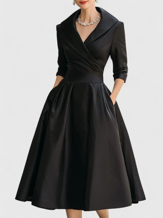 Women black wrap V neck 3/4 sleeve midi dress with pleated A-line skirt and side pockets