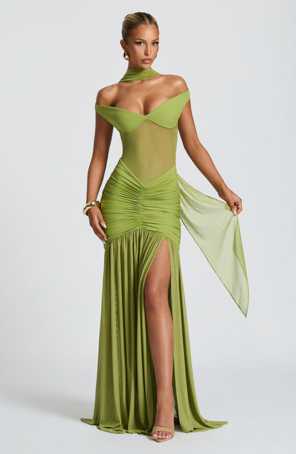 Women lime green off-shoulder ruched maxi dress with sheer mesh bodice and high thigh slit