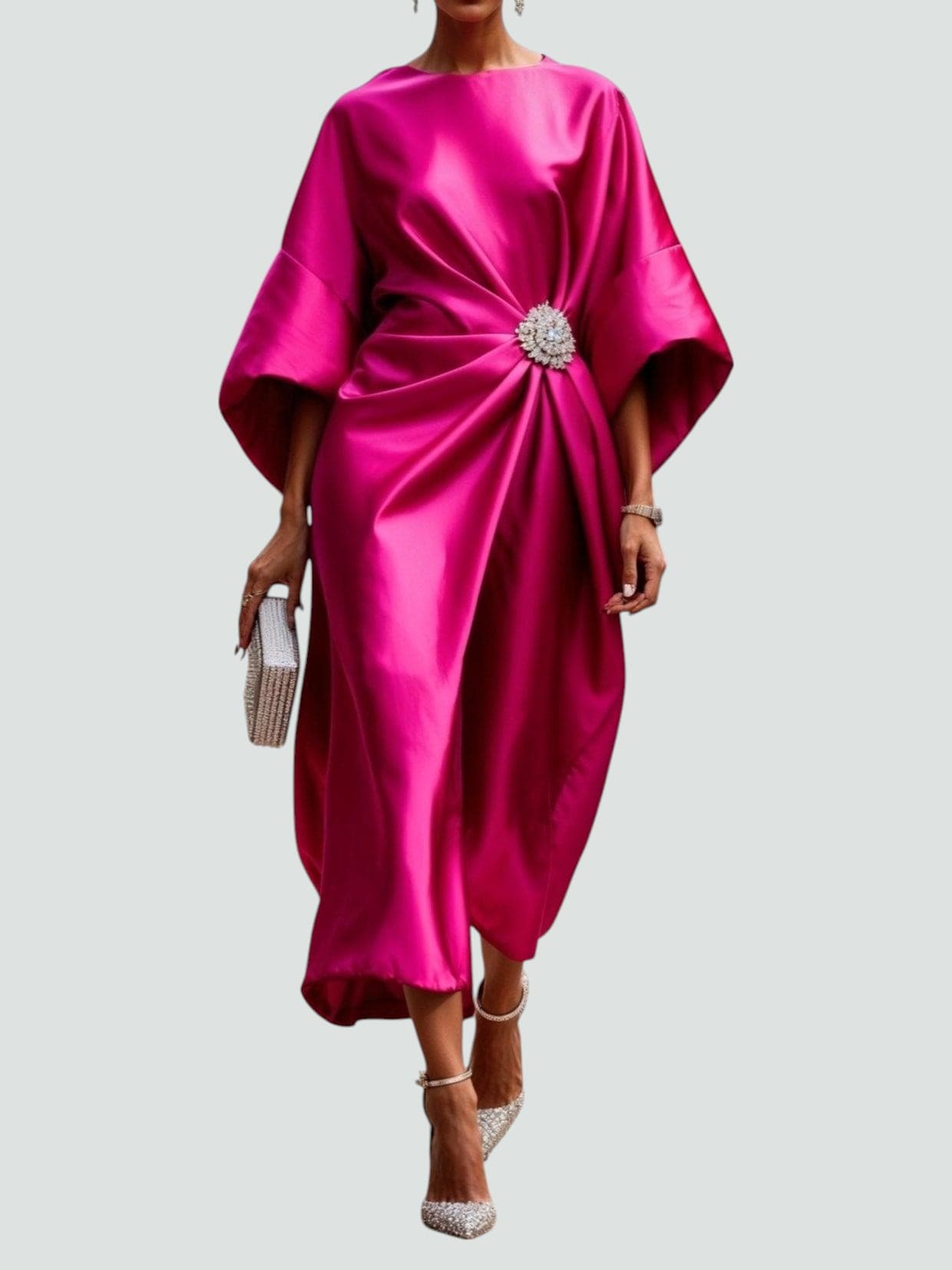 pink satin bateau neck midi dress with side gathered waist and jeweled accent