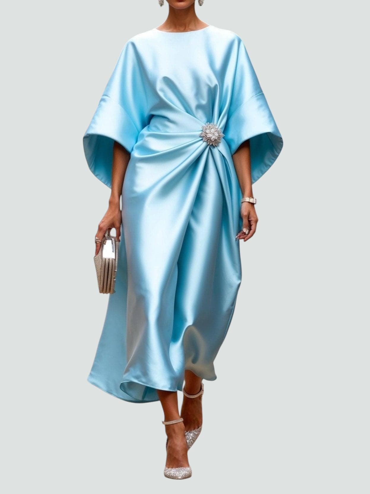 Light blue satin bateau neck midi dress with draped gathered waist and crystal brooch