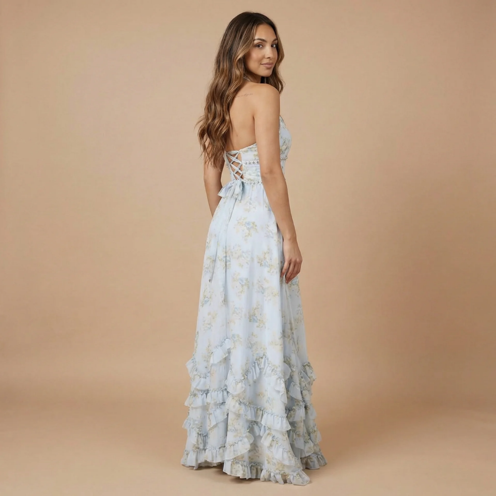 Women Floral Halter V Neck Maxi Dress with Side Slit