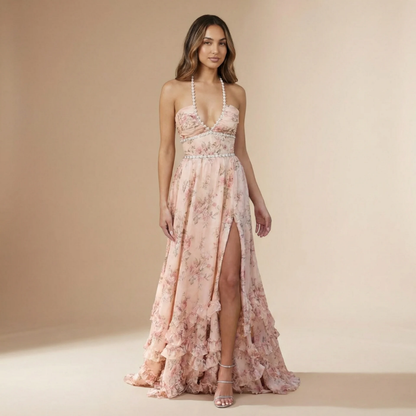 Blush pink floral halter v-neck maxi dress with tiered ruffled hem