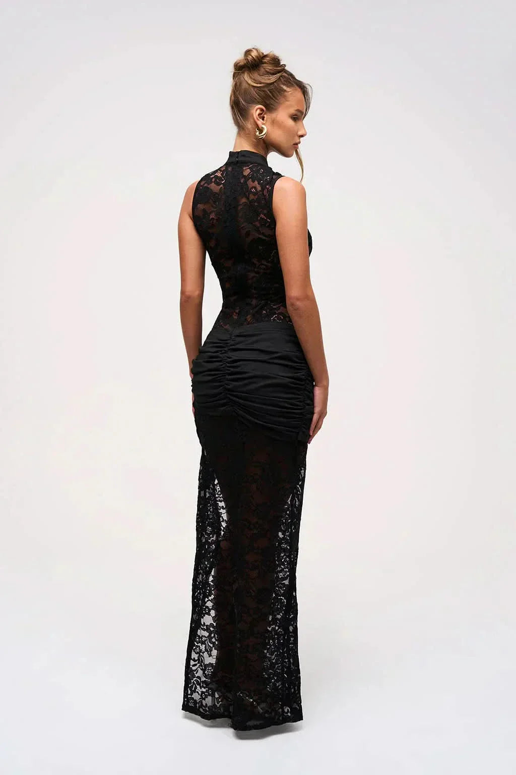 Back view black floral lace maxi dress with slit hem
