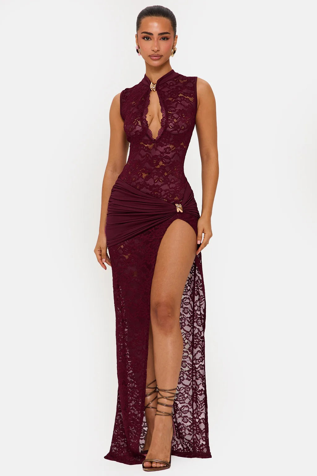 Burgundy floral lace v-neck sleeveless maxi dress