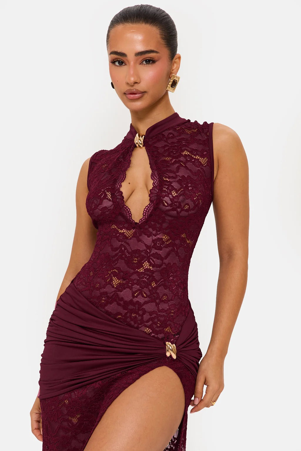 Burgundy lace v-neck maxi dress close-up neckline detail
